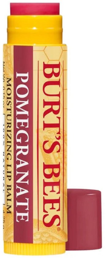 Burt's Bees lippenbalsem met granaatappelgeur. Geel met rood-bruine opdruk. Met dopje.