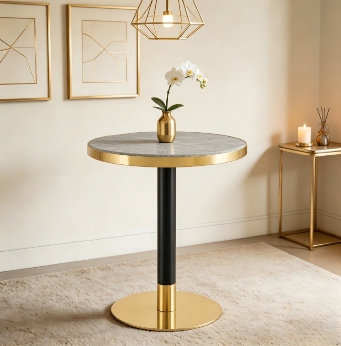 STILVORA Bijzettafel - Ronde Marmorlook Tafel Met Gouden Rand - Voor Woonkamer Slaapkamer Of Balkon - MDF En Metaal - 60x60x73,7 Cm - Grijs
