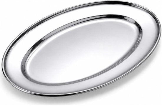 Plat ovale et argenté avec bord surélevé.