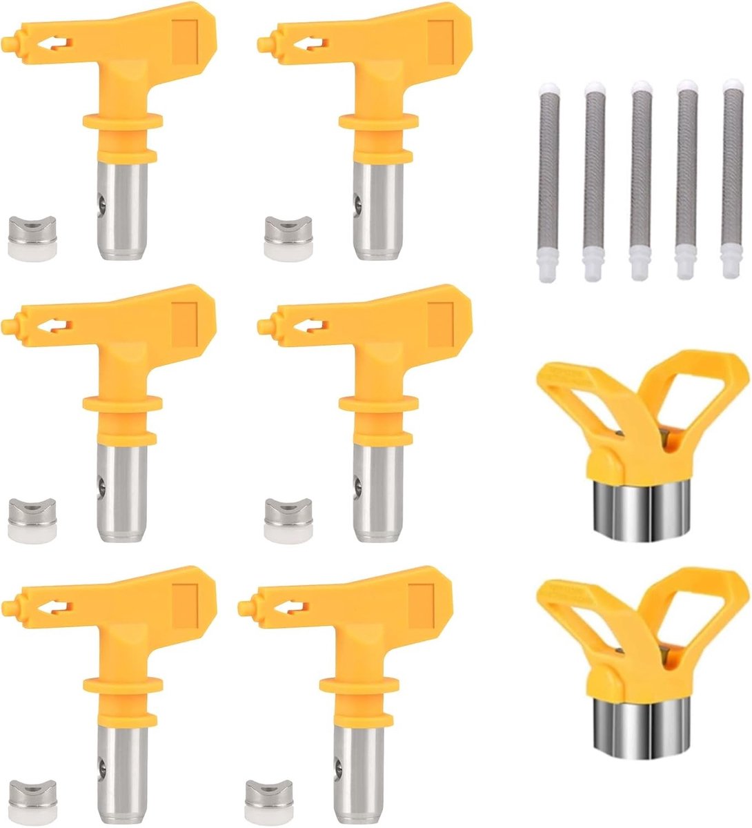 6 stuks airless mondstukken met puntafdichting en beschermende sokkel, slijtvaste sproeiaccessoires voor verfspuitapparaat met filterelement en optimale verfverdeling