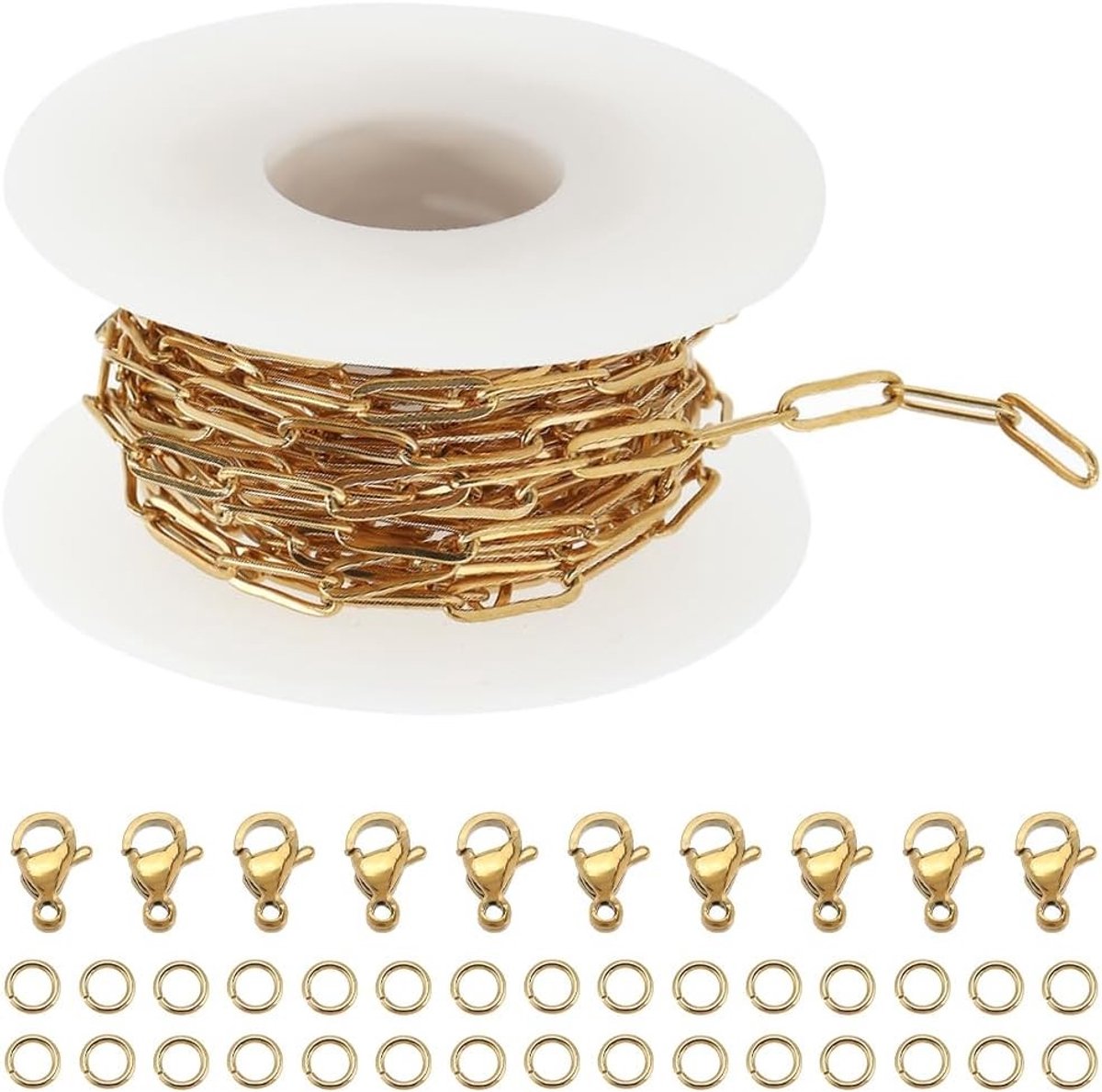 1 rol echte 18K vergulde 5m paperclip ketting van roestvrij staal met 10 sluitingen en 30 open ringetjes voor sieraden maken