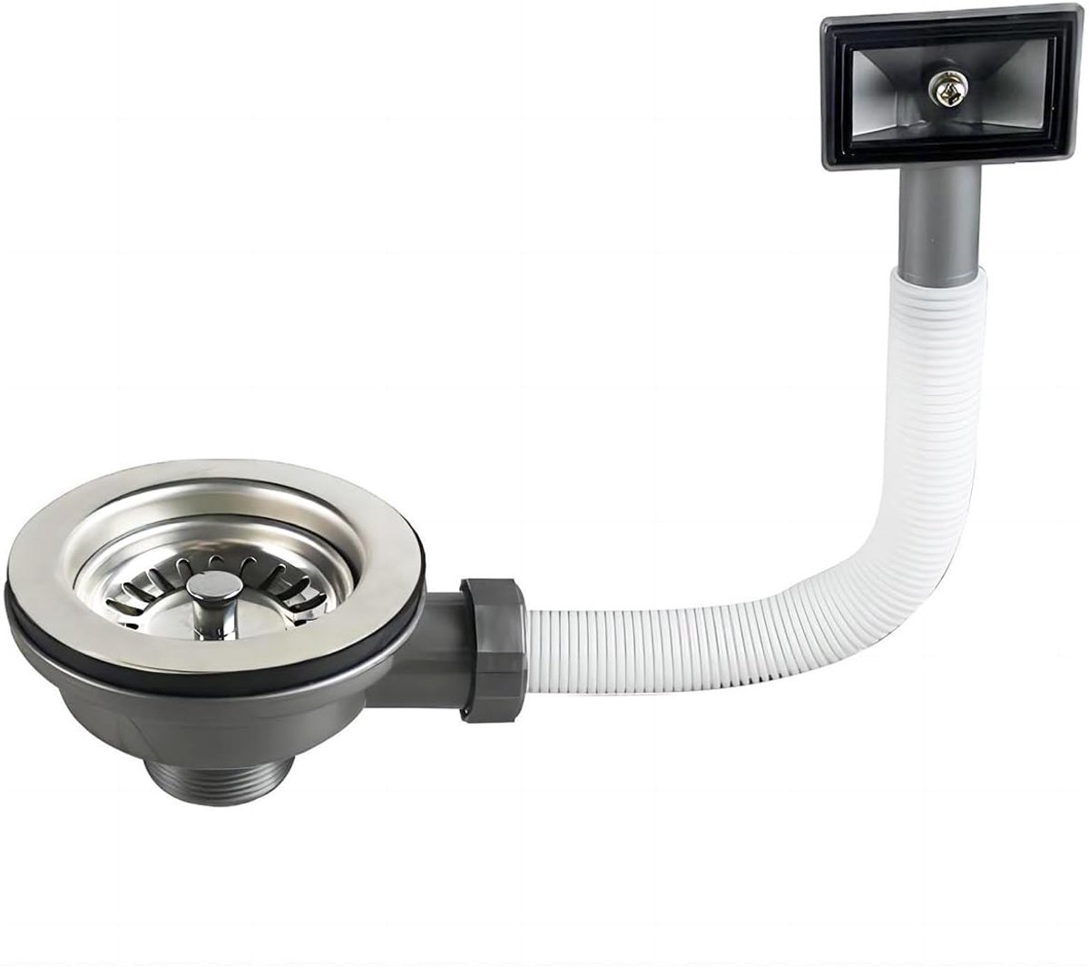 Keukenafvoer Set 110mm, Roestvrij Staal en PVC Afvoerzeef met Vierkante Overloop 3.8cm voor Efficiënte Waterafvoer
