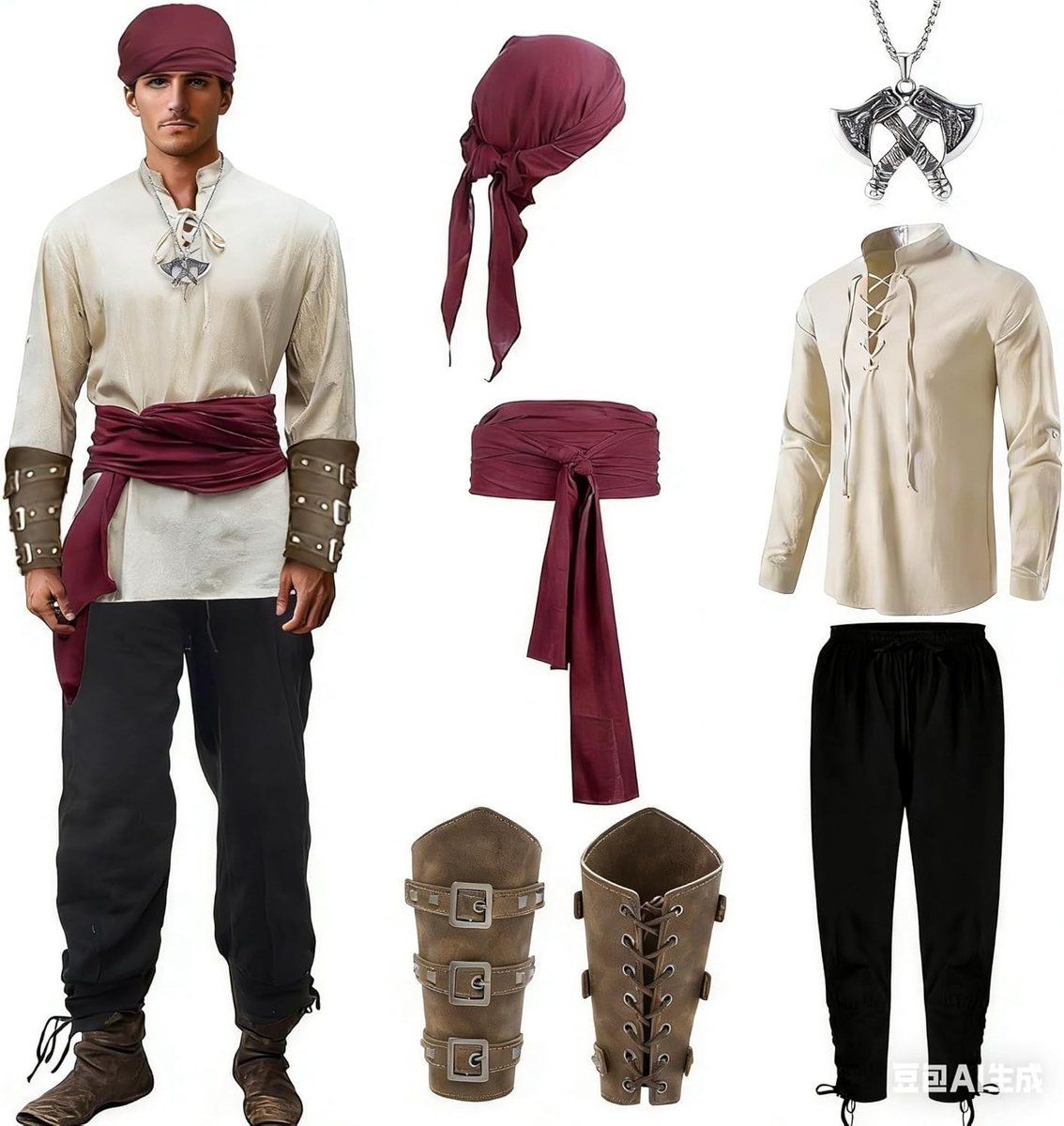 Compleet Middeleeuws Kostuum voor Mannen - Renaissance Piraten Outfit met Shirt, Broek, Riem en Accessoires voor Carnaval en Cosplay Feestjes