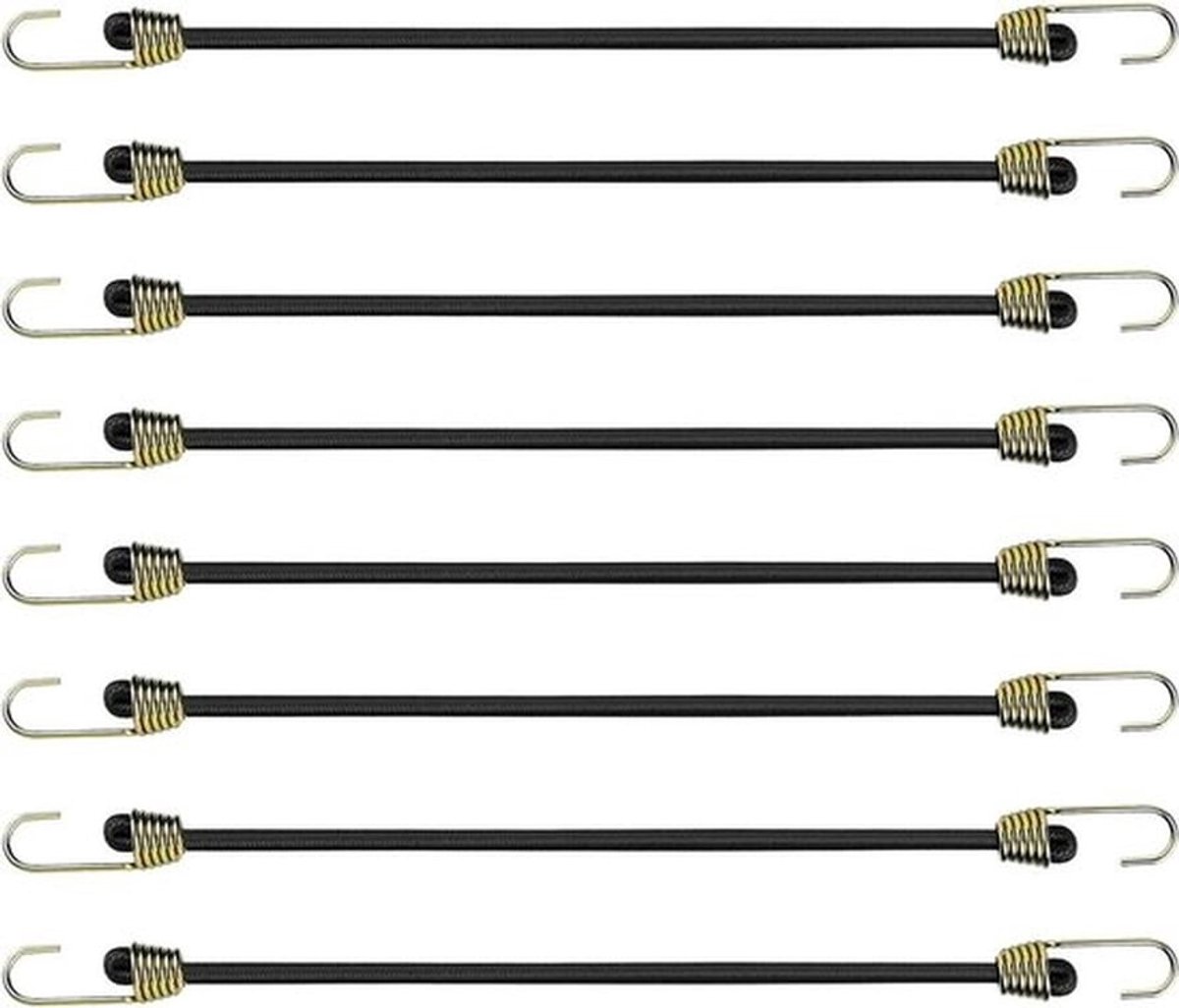 Set van 8 elastische spanbanden 25 cm met robuuste haken - ideaal voor het bevestigen van dekzeilen en lasten, voor transport binnen en buiten - zwart.