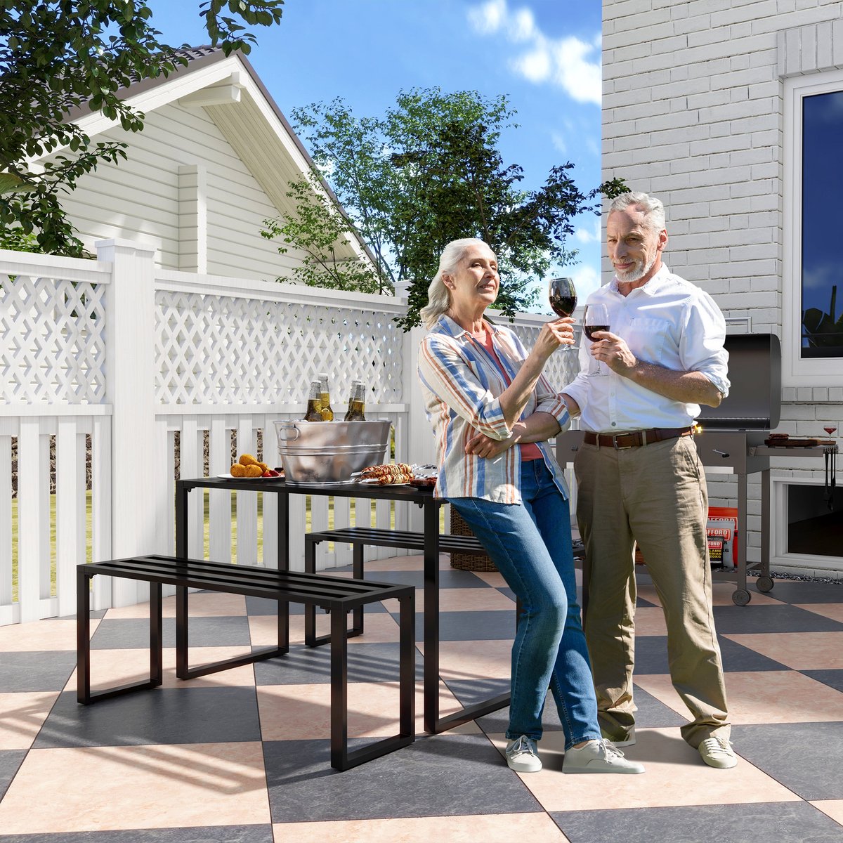 OKWISH Tuinset 110 x 55 x 70 cm - 3-Delige Buitenset Met Tafel En 2 Banken - Weerbestendig En Stabiel - Voor Tuin Of Terras - Metaal - Zwart