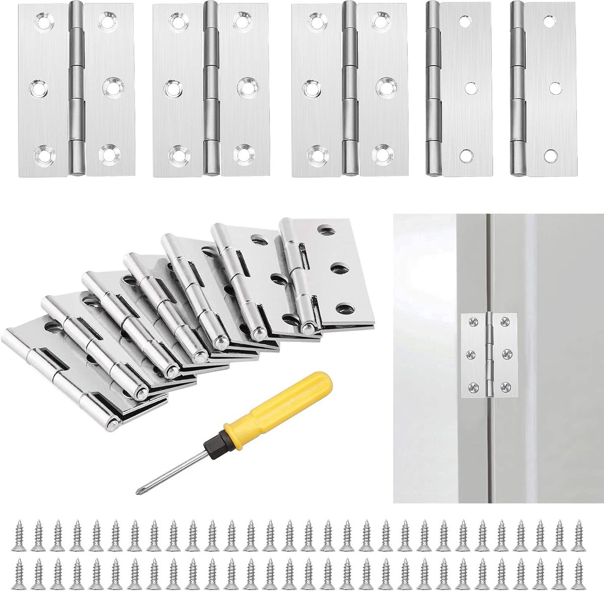 10 Stuks RVS Deur Scharnieren (3 inch) 75mm Vouw Scharnieren met 60 Schroeven voor Binnen- en Buitendeuren