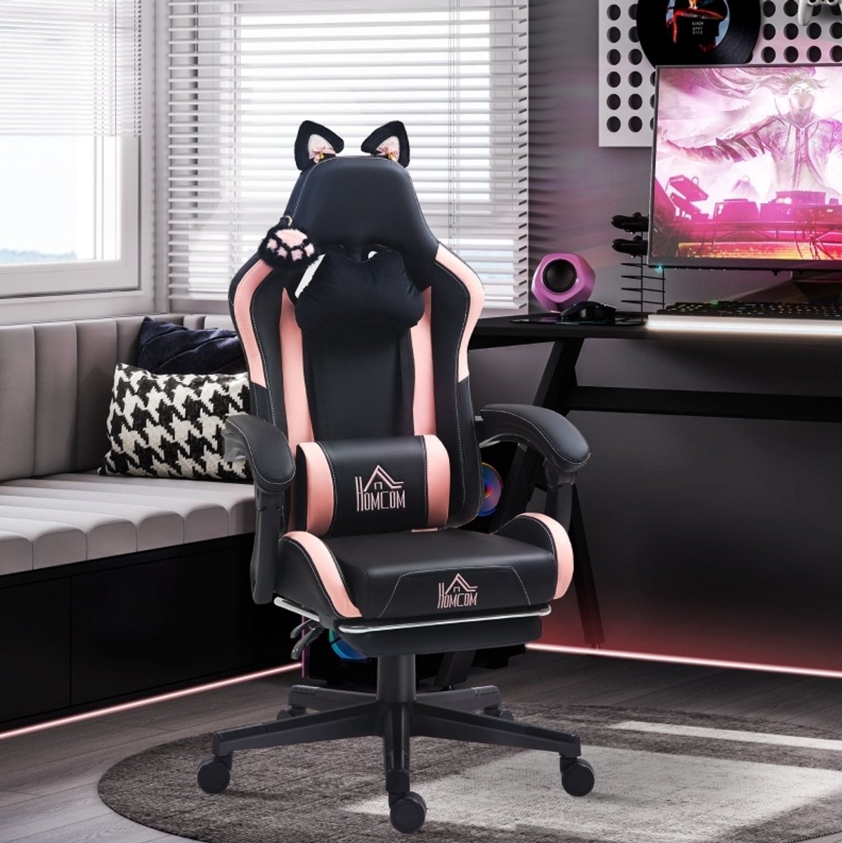 DESMIU Gamingstoel 65 Cm - Met Kattenoren, Kantelbare Rugleuning En Uittrekbare Voetsteun - Voor Studeerkamer En Gamekamer - Kunstleer - Zwart Roze
