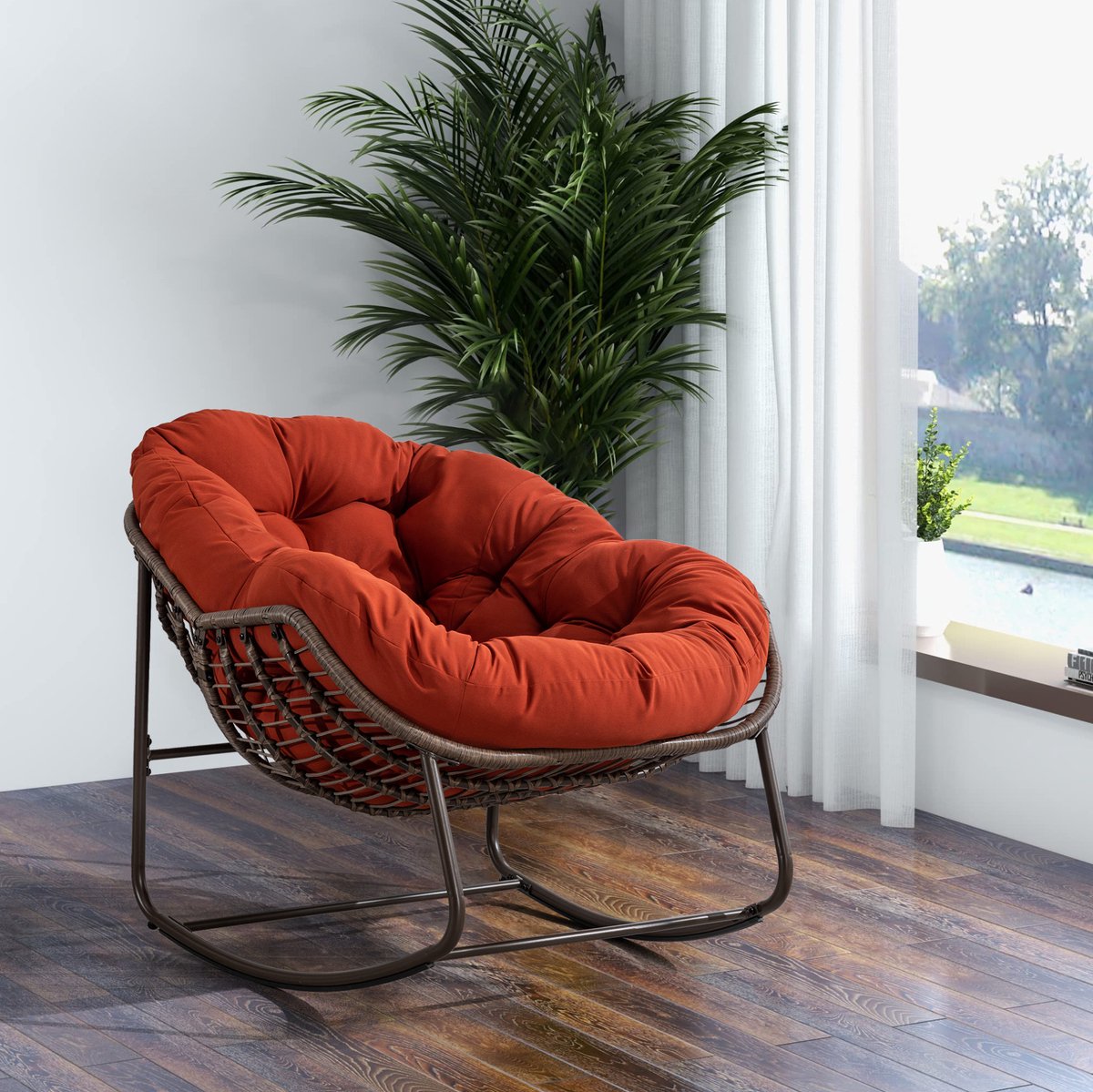 MIVRAY Schommelstoel 78 x 106 x 90 cm - Ergonomische Fauteuil Voor Tuin, Patio En Woonkamer - Gevlochten Rotan Met Stalen Frame - Oranje