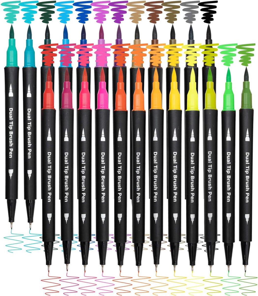 24-Kleurenset Markers - Twinmarkers - Stiften - Markeerstiften - Markeerstift - Glitter Markers - Dual Brush Marker - Vlekbestendig - Goede Vloei - Geurloos - Sneldrogend - Fine Point And Brush Tip
