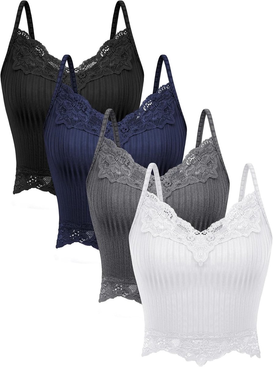 Lace Patchwork Y2K Tank Tops voor Vrouwen - Fairy Grunge Cropped Cami Ribbed Knit Set van 4 Stuks
