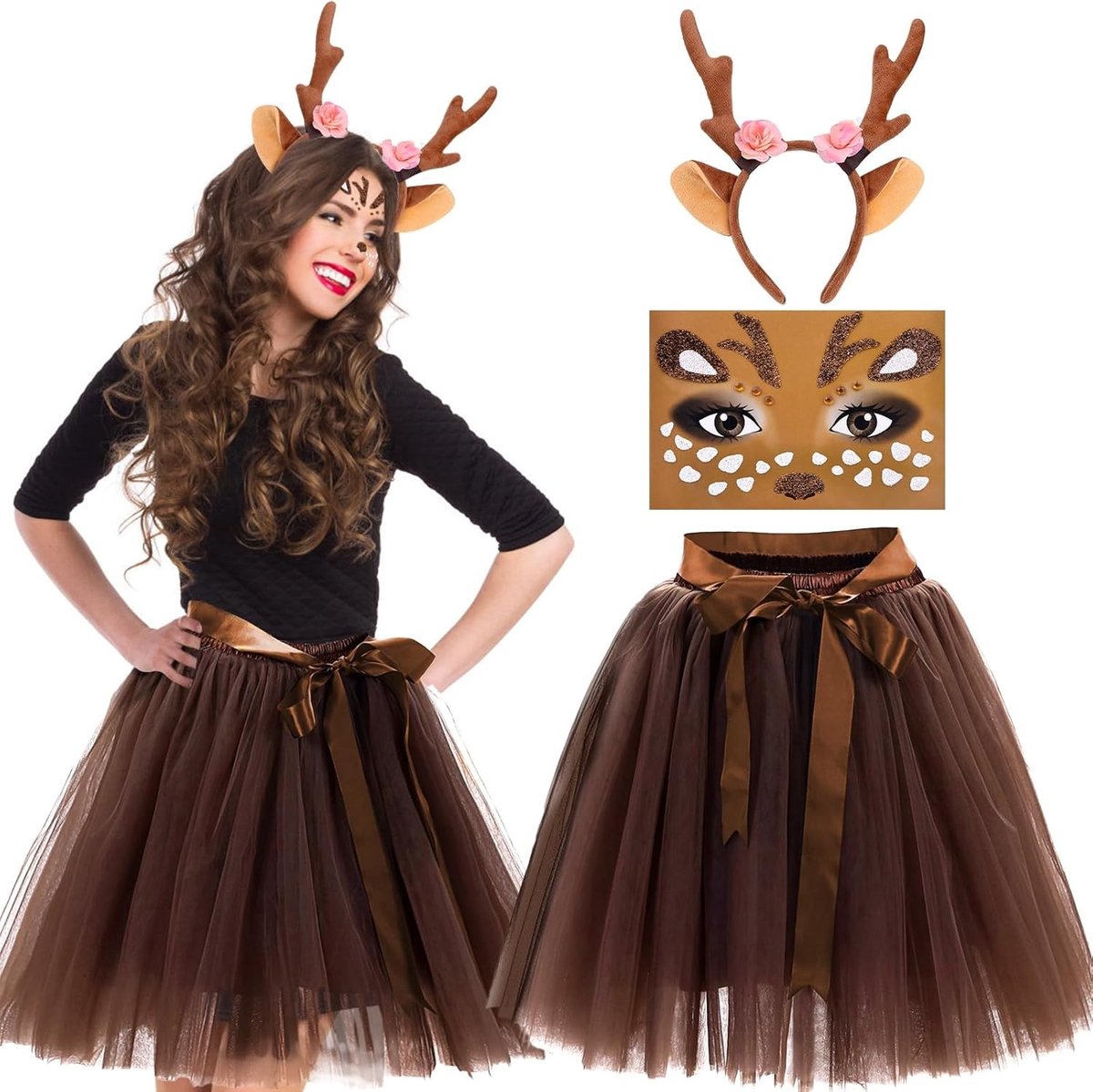 Volledige Reindeer Kostuum voor Volwassenen - 2-delig Set met Hoofdband, Tutu Rok en Vintage Kant, Perfect voor Carnavalsfeesten en Cosplay Evenementen