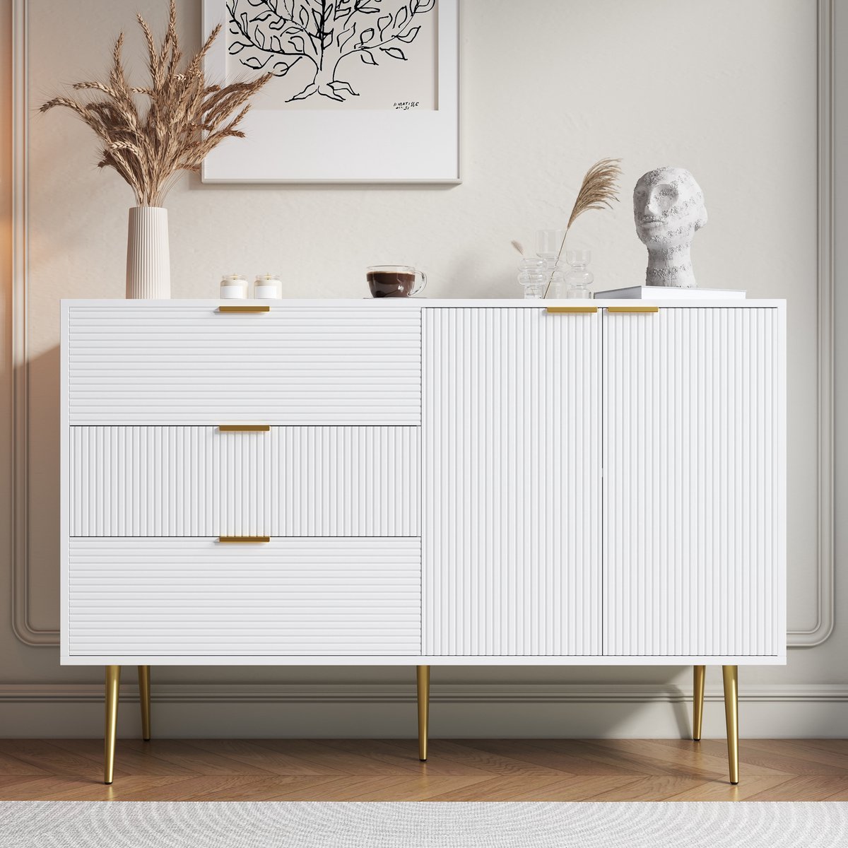 COVREO Dressoir 120 x 38 x 80,5 cm - 3 lades, 2 deuren met binnenplanken, wit en goud