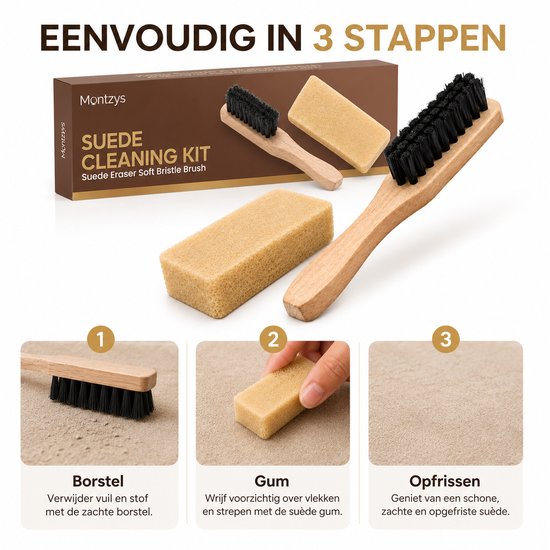 Montzys suède schoonmaakset: 1. Borstel vuil weg, 2. Wrijf vlekken met gum, 3. Verfris suède.