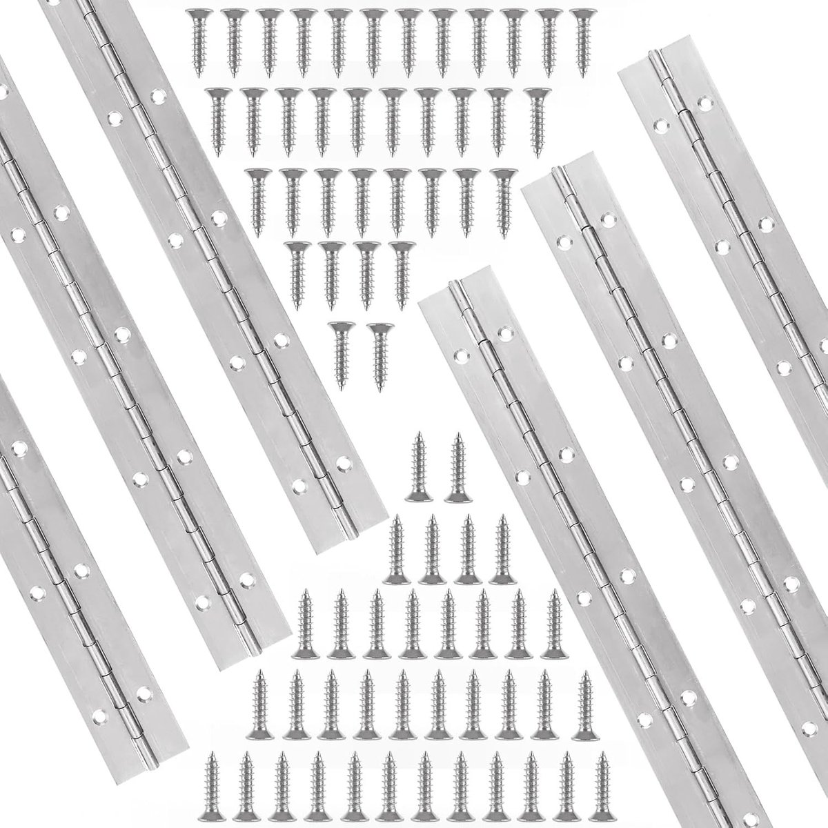 Zware Piano Scharnieren van RVS 30 cm met Gaten en 72 Schroeven voor Deuren, Vensters en Kasten - Set van 6 Stuks
