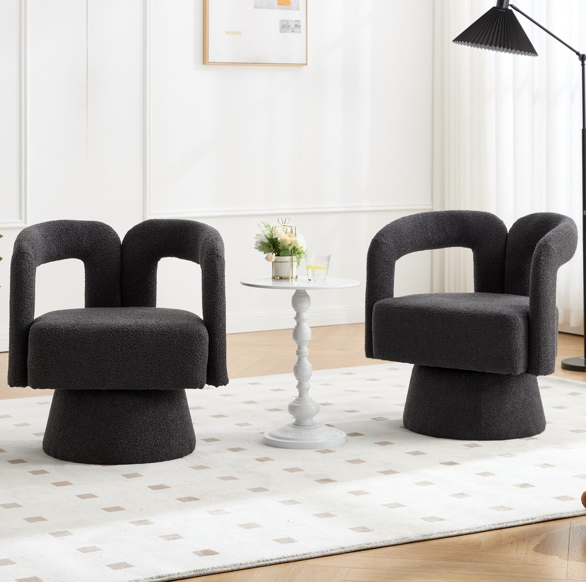 FloraGrace Fauteuil 67 X 55 X 74 Cm - 360 Graden Draaibaar Met Brede Polstering En Armleuningen - Voor Woonkamer Of Slaapkamer - Bouclé - Donkergrijs