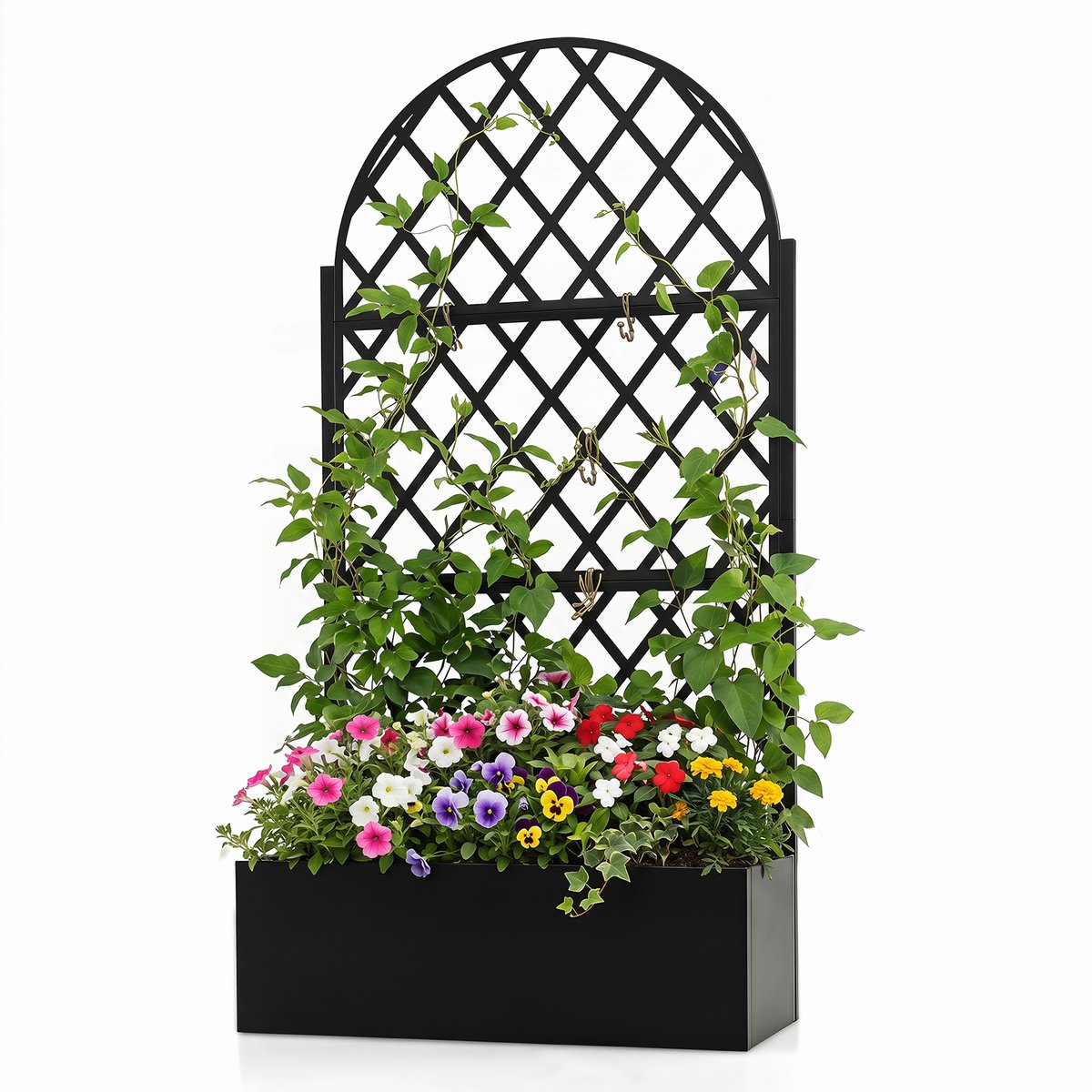 COSTWAY Bloembak met klimrek, plantenbak van gegalvaniseerd metaal, Rond | Plantenbak privacy scherm, verhoogd bed met latwerk & afvoergaten, klimsteun voor klimplanten tuin terras, 90x40x180,5cm