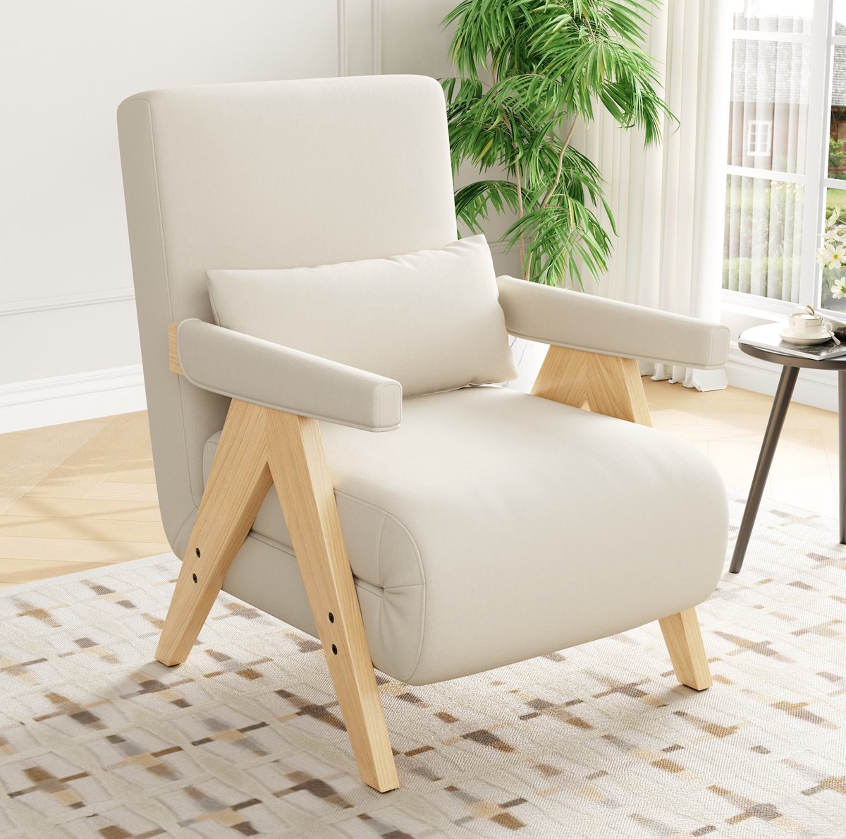 FloraGrace Fauteuil 3 In 1 87 X 64 X 60 Cm Met Verstelbare Rugleuning En Kussen Voor Woonkamer En Slaapkamer Linnen Beige