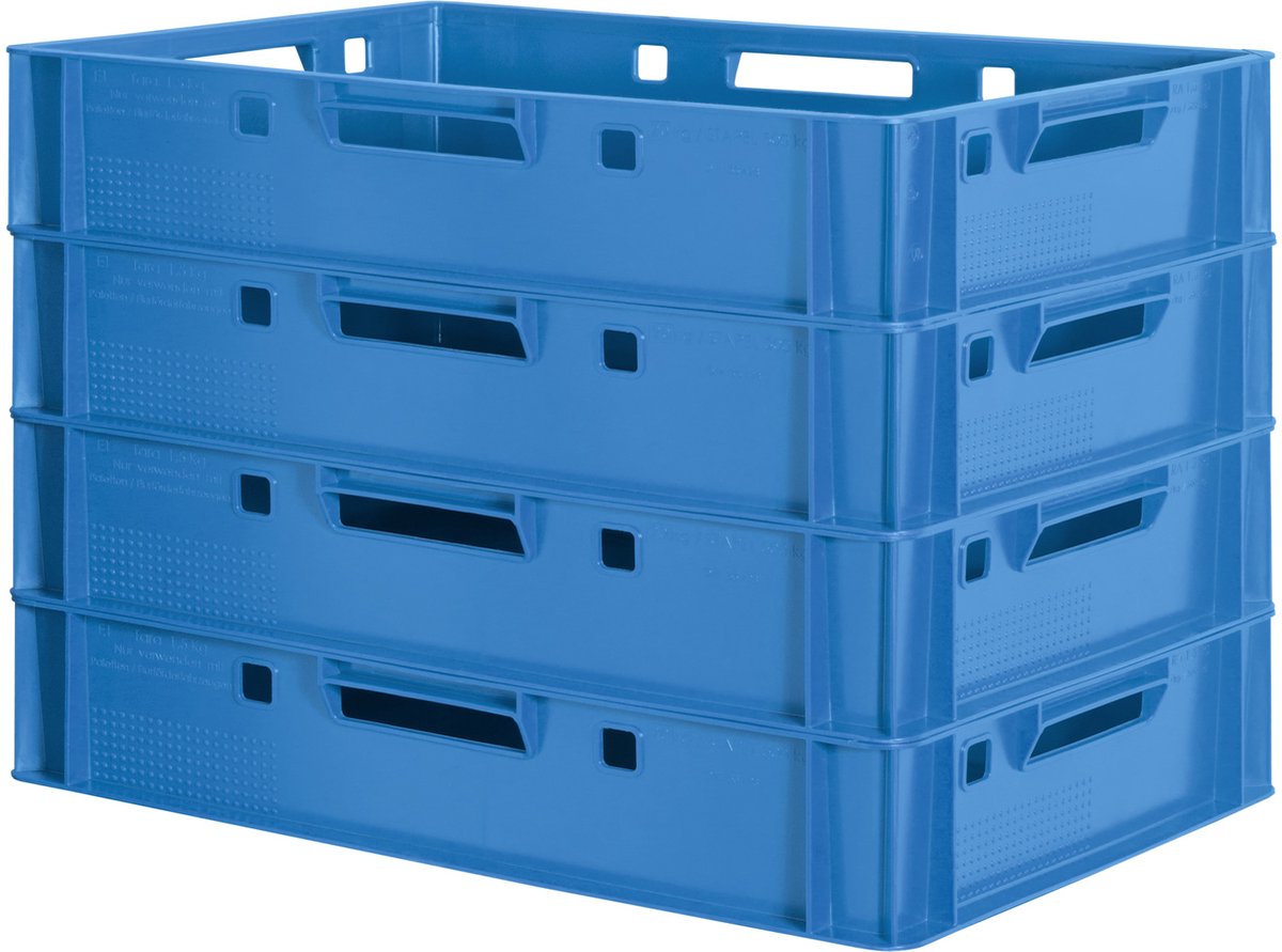 4 E1 Vleeskratten, Blauw, Eurobox, Voedselveilig, Slagerskist, Opbergdoos, Plastic Bak, Stapelbaar, 60 x 40 cm, Kingpower
