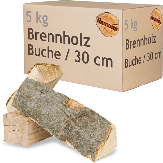 Doos met 5 kg beukenhout brandhout, 30 cm, en een stapel gekloofd hout. Tekst: 5 kg Brennholz Buche / 30 cm.