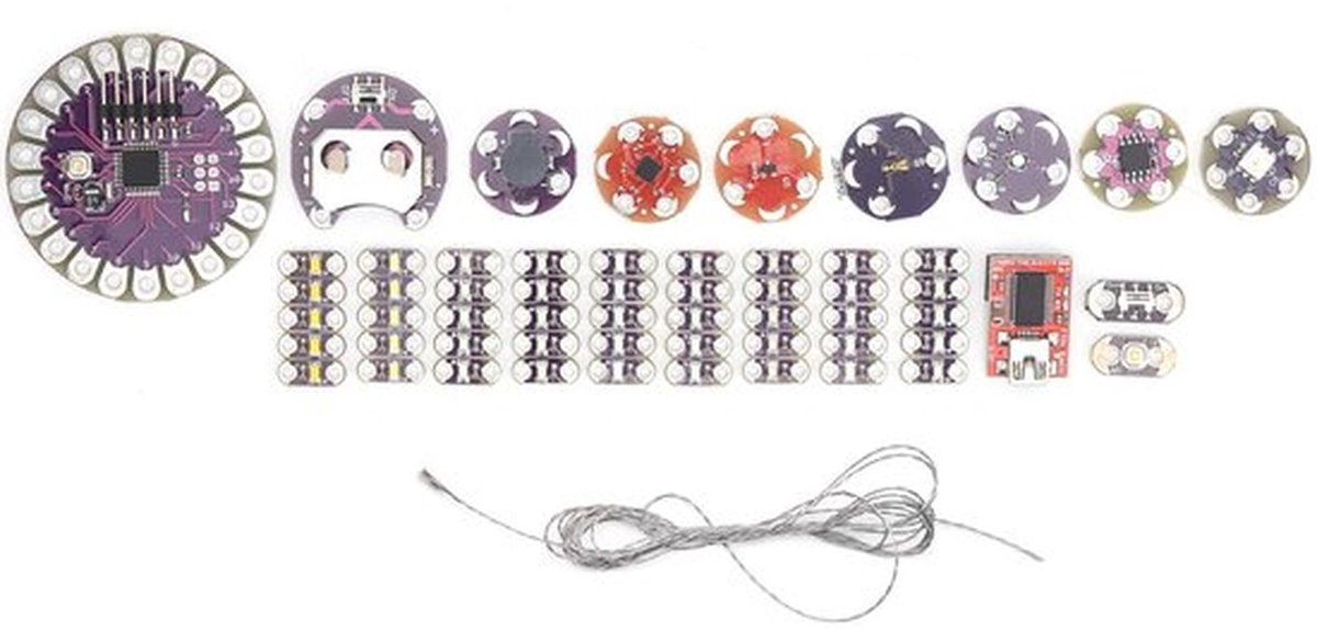 Lilypad elektronische naaiset, PCB-materiaal, aansluiten op geleidend naaigaren, leren van basiscircuits, LED's, knoppen, schakelaars, reactieve circuits met omgevingslicht
