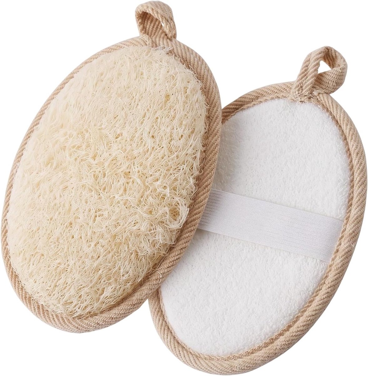 Set van 2 loofah sponzen voor een verfrissende douche – exfoliërende haarhandschoen 10 x 14,5 cm, luffa douchespons voor het verwijderen van dode huidcellen, ideaal voor heren en dames, beige