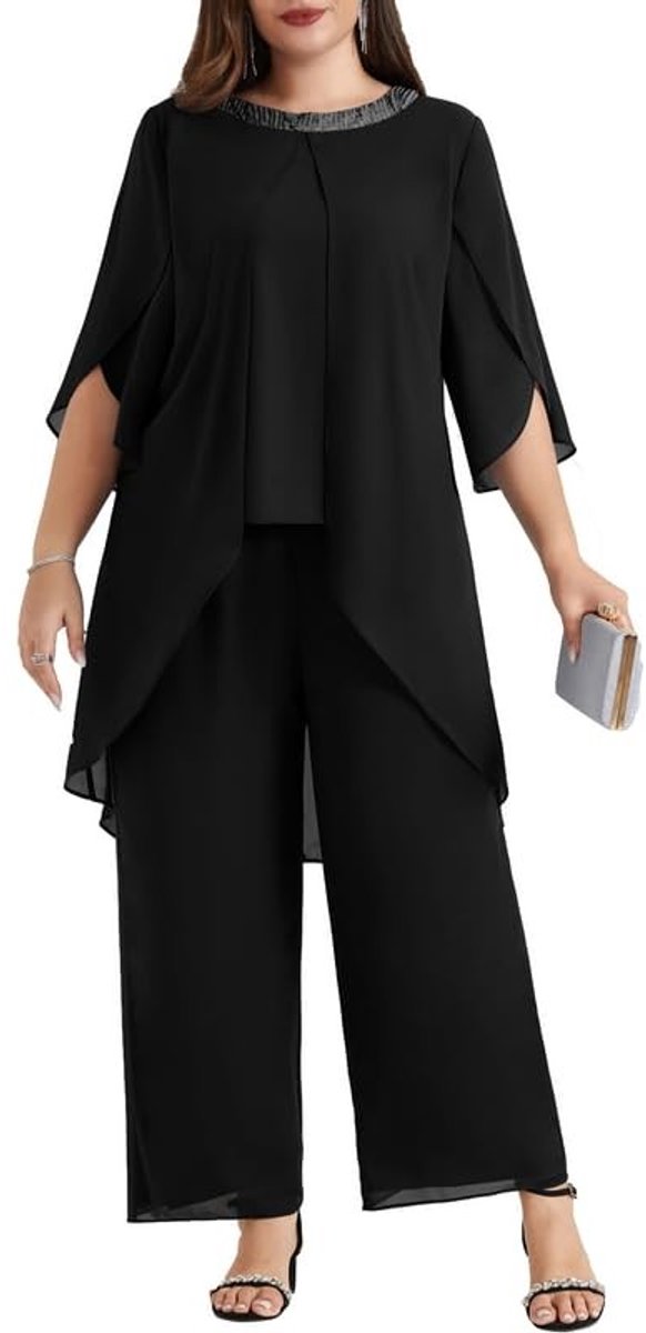 Chiffon Pants Suit Set - Elegante set voor bruiloften - Zwart