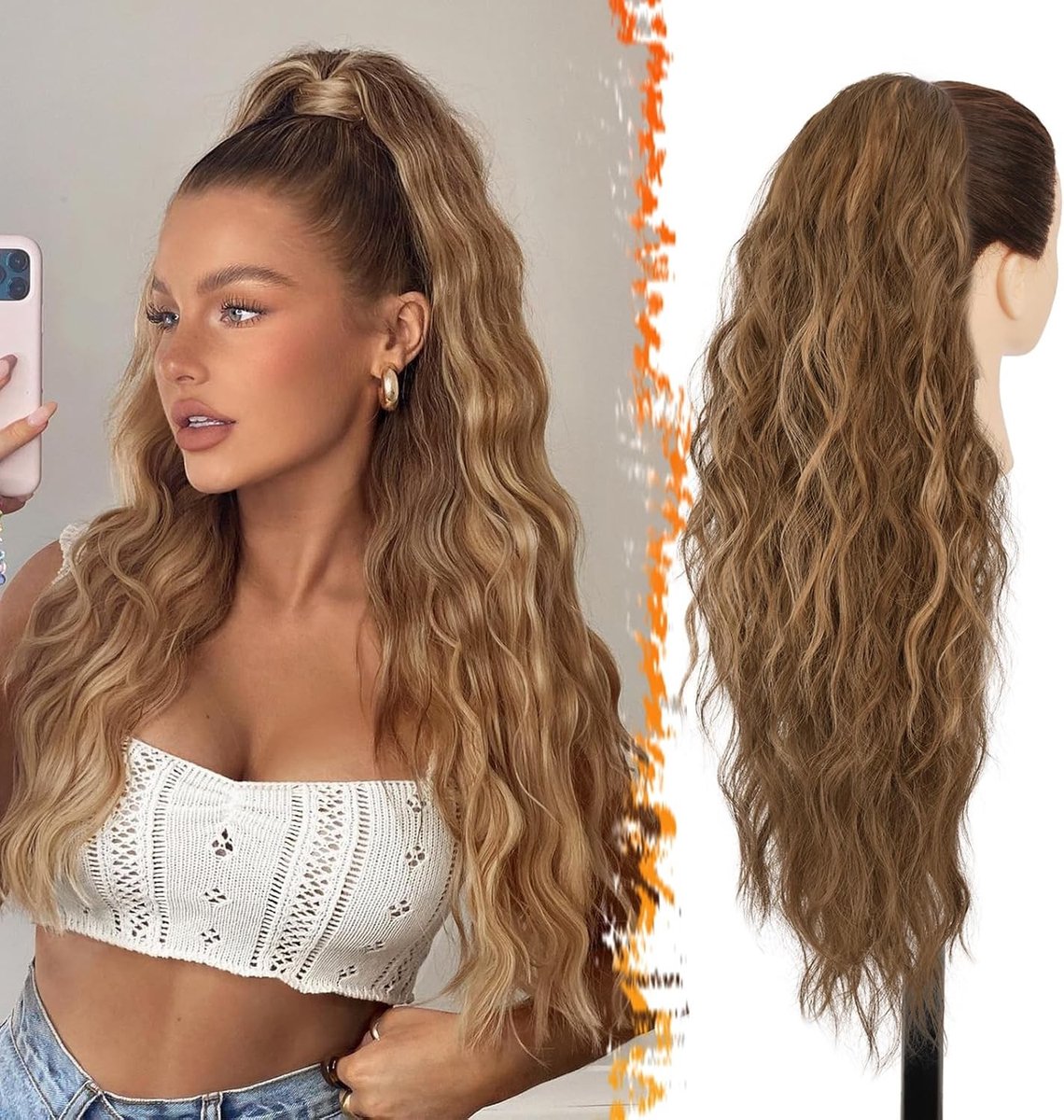 Ponytail Extensions met Trekkoord, Lange Krullen en Golven voor Vrouwen, Synthetische Clip-in Haarstuk in Donkerbruin en Kastanjebruin, Perfect voor Diverse Stijlen