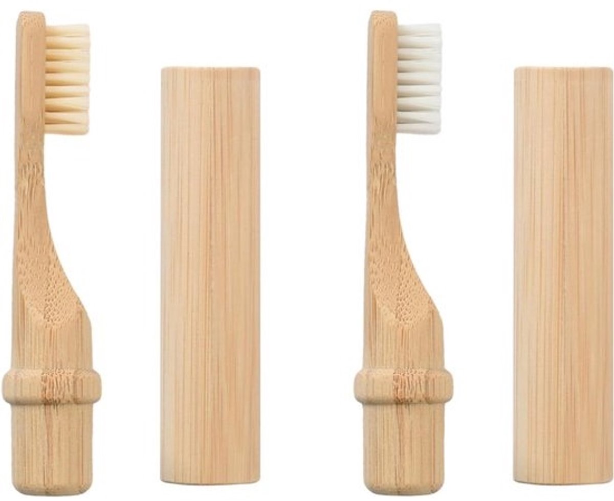 Reis Tandenborstel Set - Tandenborstelhouder Bamboe - Hygiënisch Reizen - Biologisch Afbreekbaar - Compact Formaat - Beige Wit