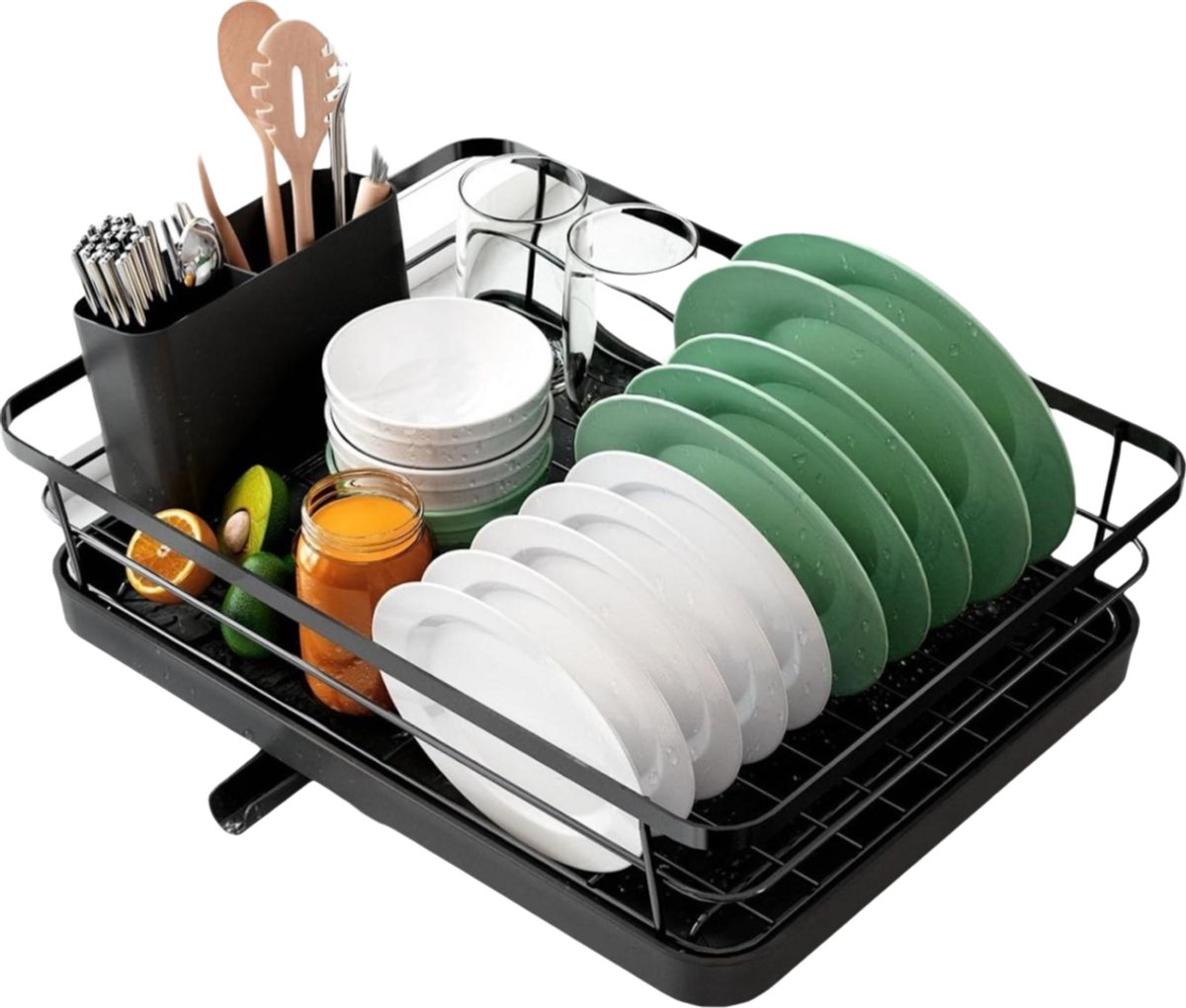 SSTRWGOOD Afdruiprek voor Servies - Keuken Afwasdroger met Verstelbare Uitloop - Geschikt voor Theke en Spoelbak - Duurzaam Metaal Droogrek 15.5x12.5x5 Inch - Inclusief Bestekhouder