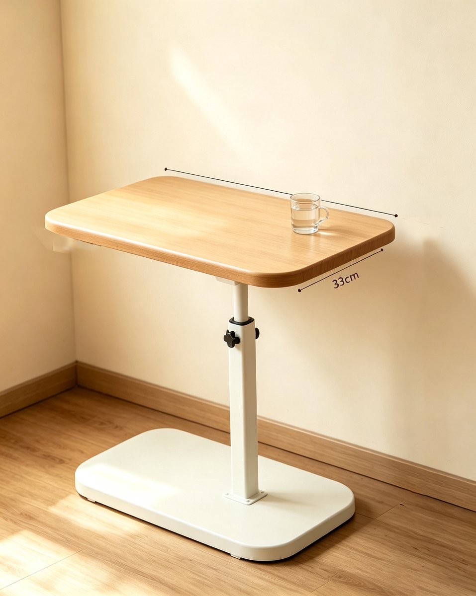 Tv-tafeltje met een minimalistisch blad van natuurlijk hout en een wit frame geschikt voor bij de bank draaibaar en in hoogte verstelbaar perfect om aan te eten of een laptop te gebruiken in de woonkamer