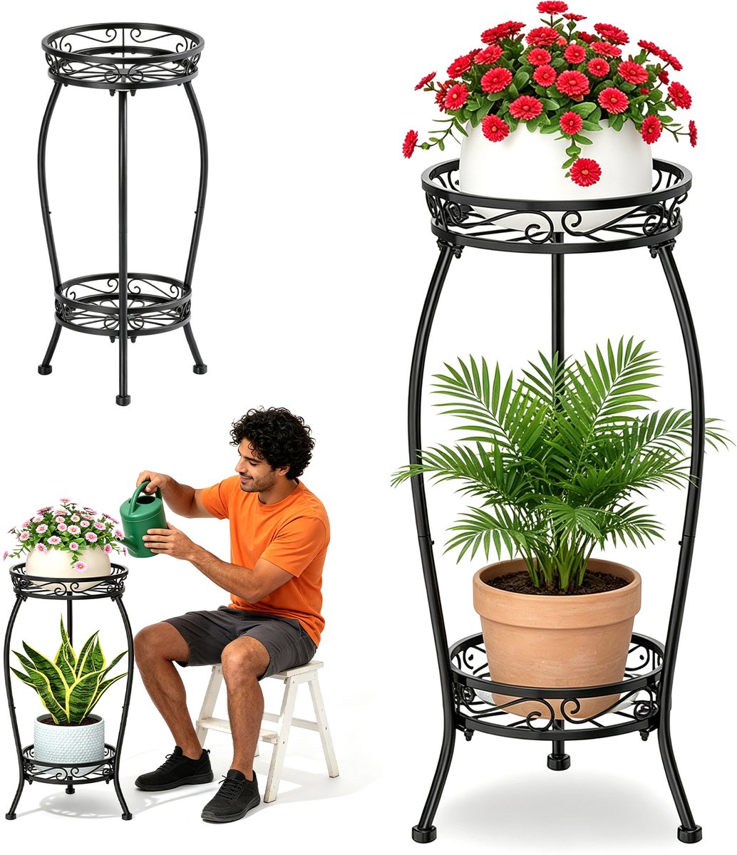 Bloempothouder 2 Lagen - Metalen Plantenstandaard - Plantenbak Houder - Planten Display - 68 cm Hoog - 40 kg - Trays 25 & 29 cm - Plantenrek Voor Binnen en Buiten - Plantentafel - Voor Balkon & Woonkamer & Patio