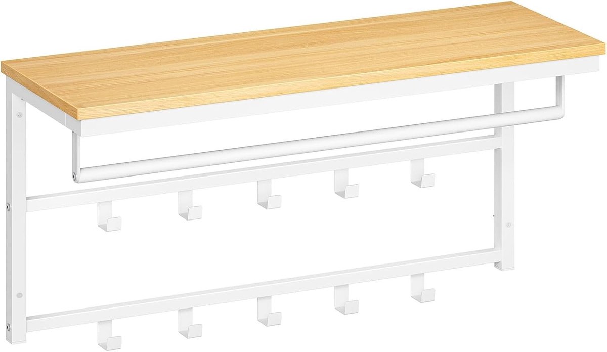 Wandgarderobe met Plank en 10 Haken, Muurplank met Stang, Ideaal voor Woonkamer, Slaapkamer en Badkamer, 80 x 30 x 42 cm, Wit en Natuurlijk Hout