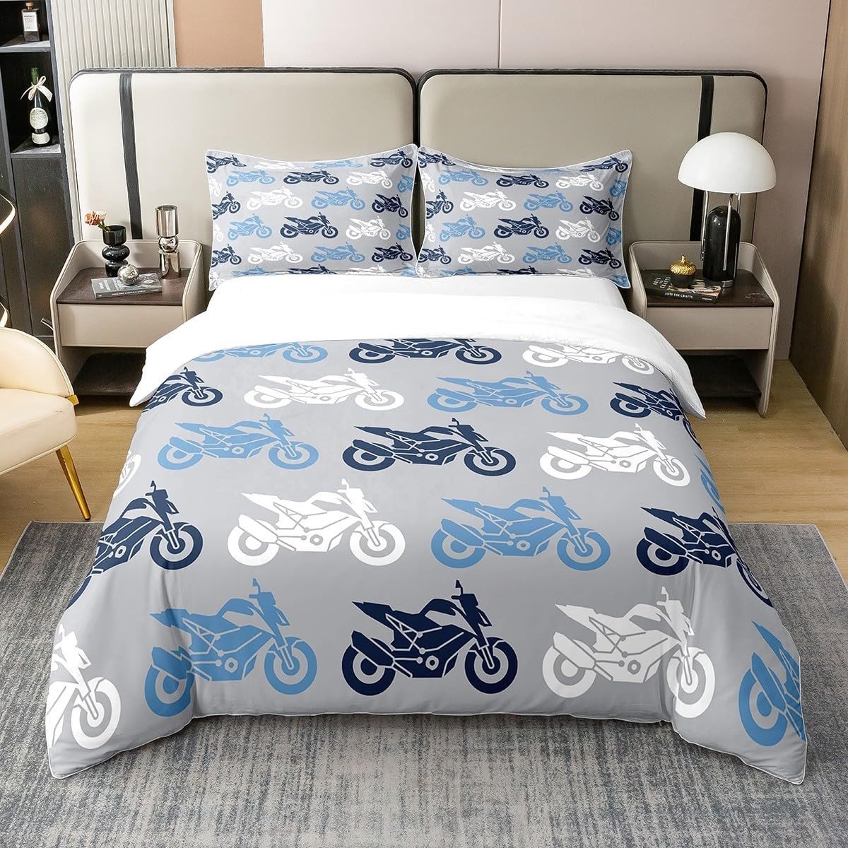 Moderne Duvet Cover met Motorrijden in Blauw en Wit voor Kinderen en Tieners, Inclusief 1 Kussenhoes, Sportieve en Hippe Slaapkamerdecoratie