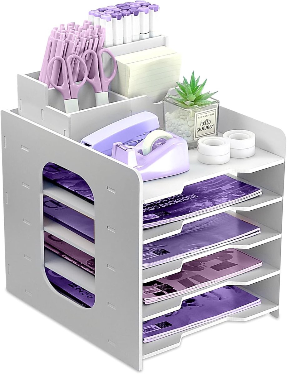 A4 Papier Organizer met 5 Laags Desk Folder, Stapelbare Documenthouder en Pennenhouder voor een Opgeruimd Bureau
