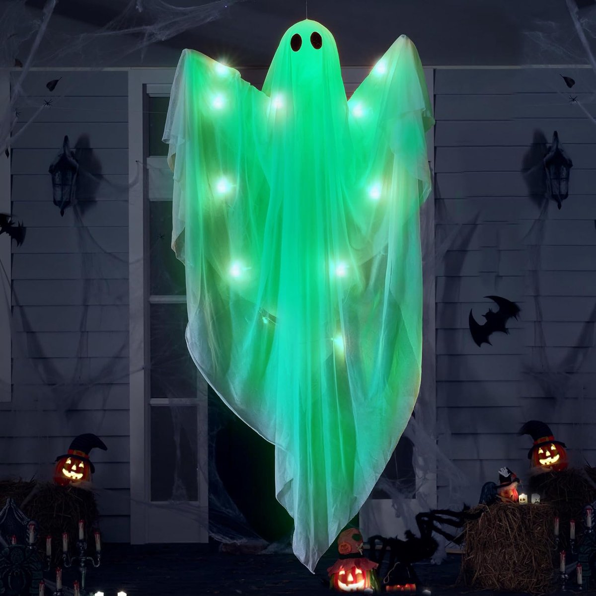 Hangende Lichtgevende Halloween Geest - 120cm Witte Geesten - met Groene LED‑Verlichting - Hangdecoratie - voor Voortuin, Terras, Gazon, Tuin en Feestjes - voor Binnen en Buiten