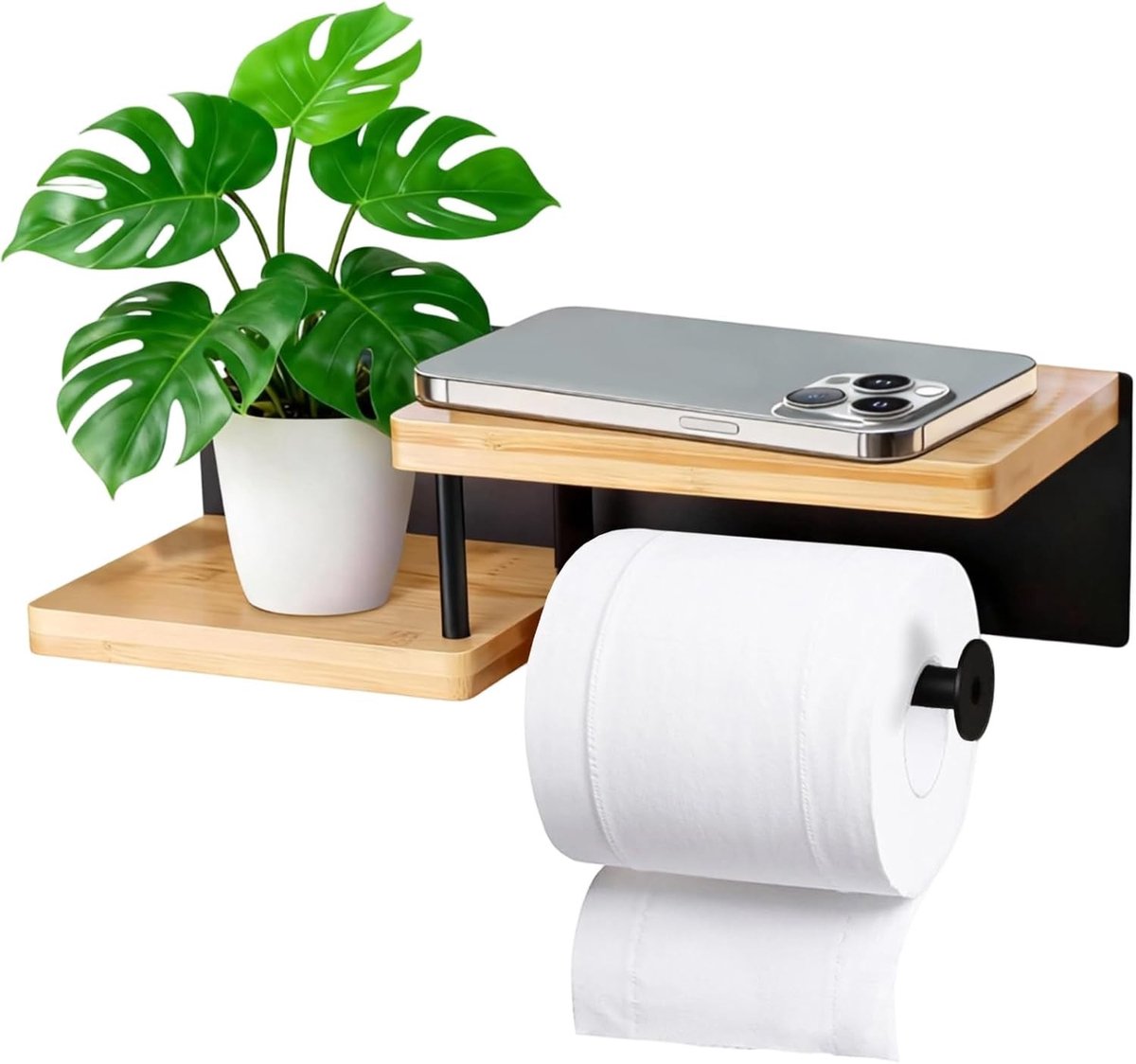 Toiletpapierhouder met plank voor badkamer en keuken, houten toiletrolhouder, inclusief installatiegereedschap, zwart en stijlvol ontwerp