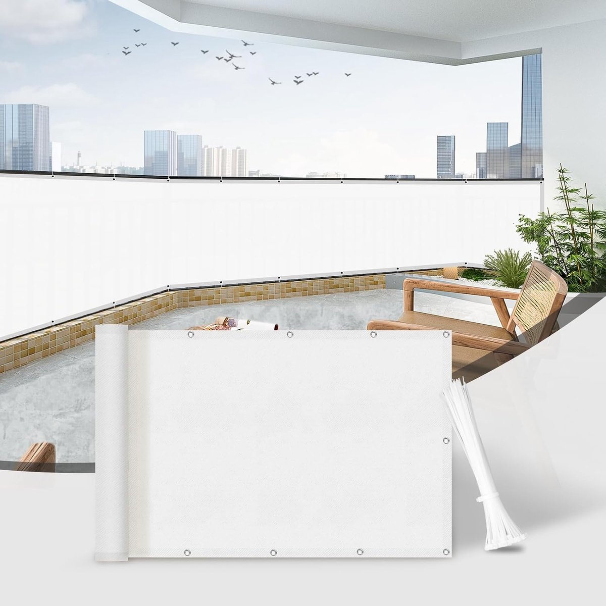 Balkonscherm 85x300 cm Wit met Kabelbinders voor Privacy en Bescherming tegen Wind en Zon