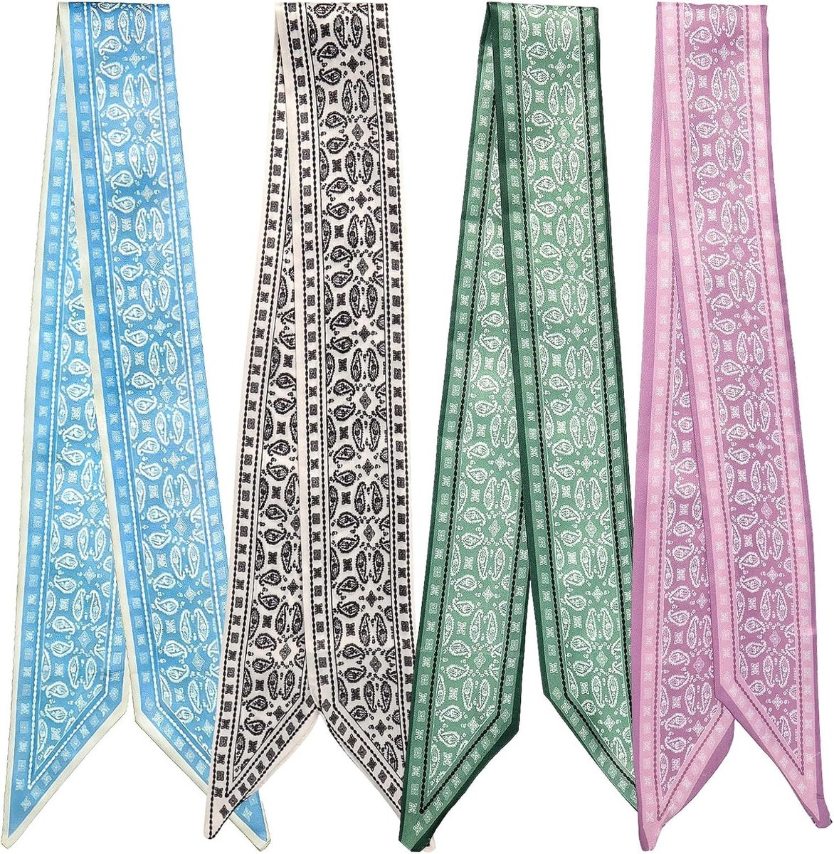 Set van 4 Dames Sjaals - Dunne Sjaals als Haarband, Tasaccessoires en Nekaccessoires in 4 Kleuren