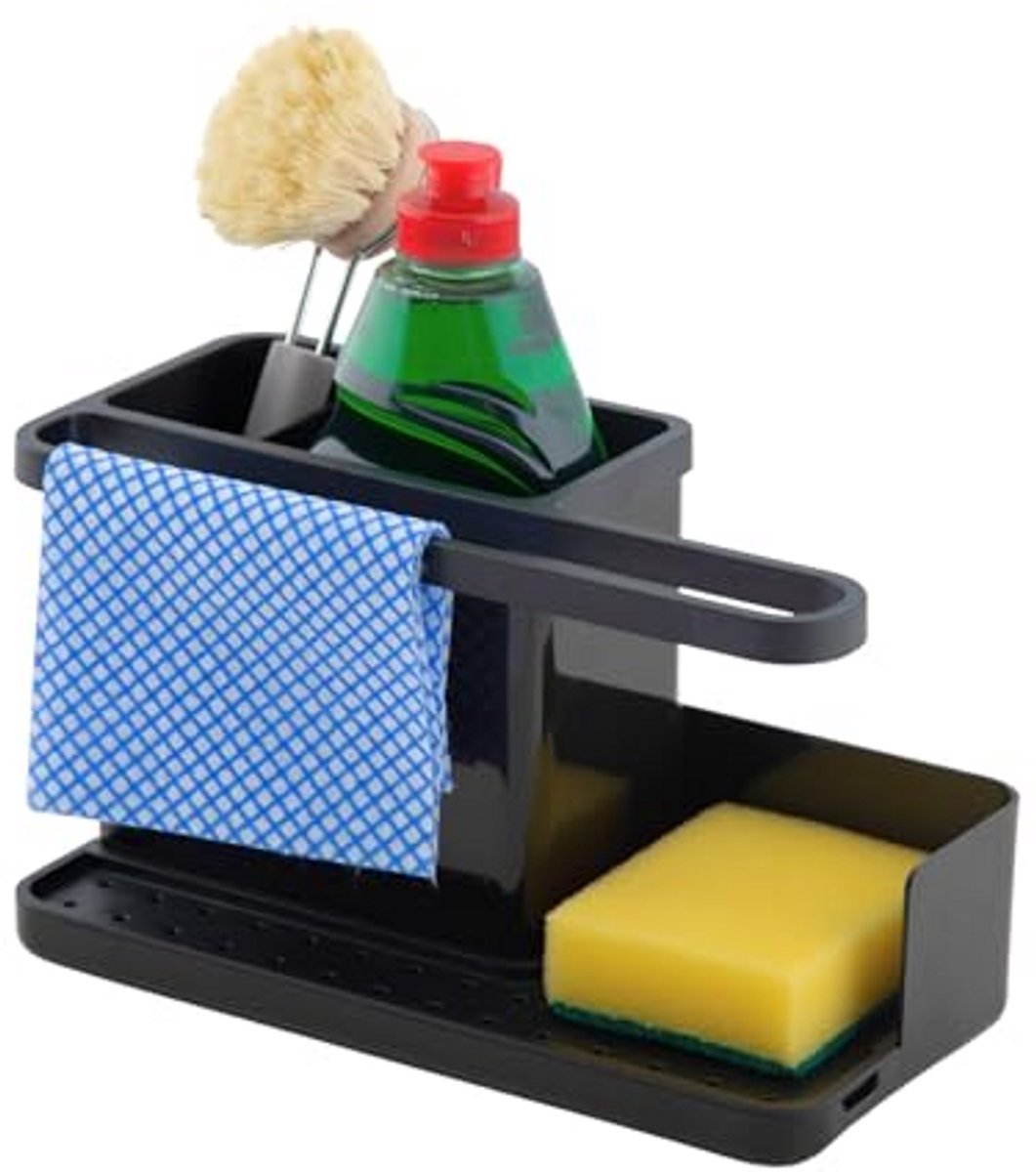 Keuken Aanrecht Organizer met 2 Vakken, Uitneembare Lekbak, Antislip Voet en Ruimte voor Spons, Borstel en Afwasmiddel