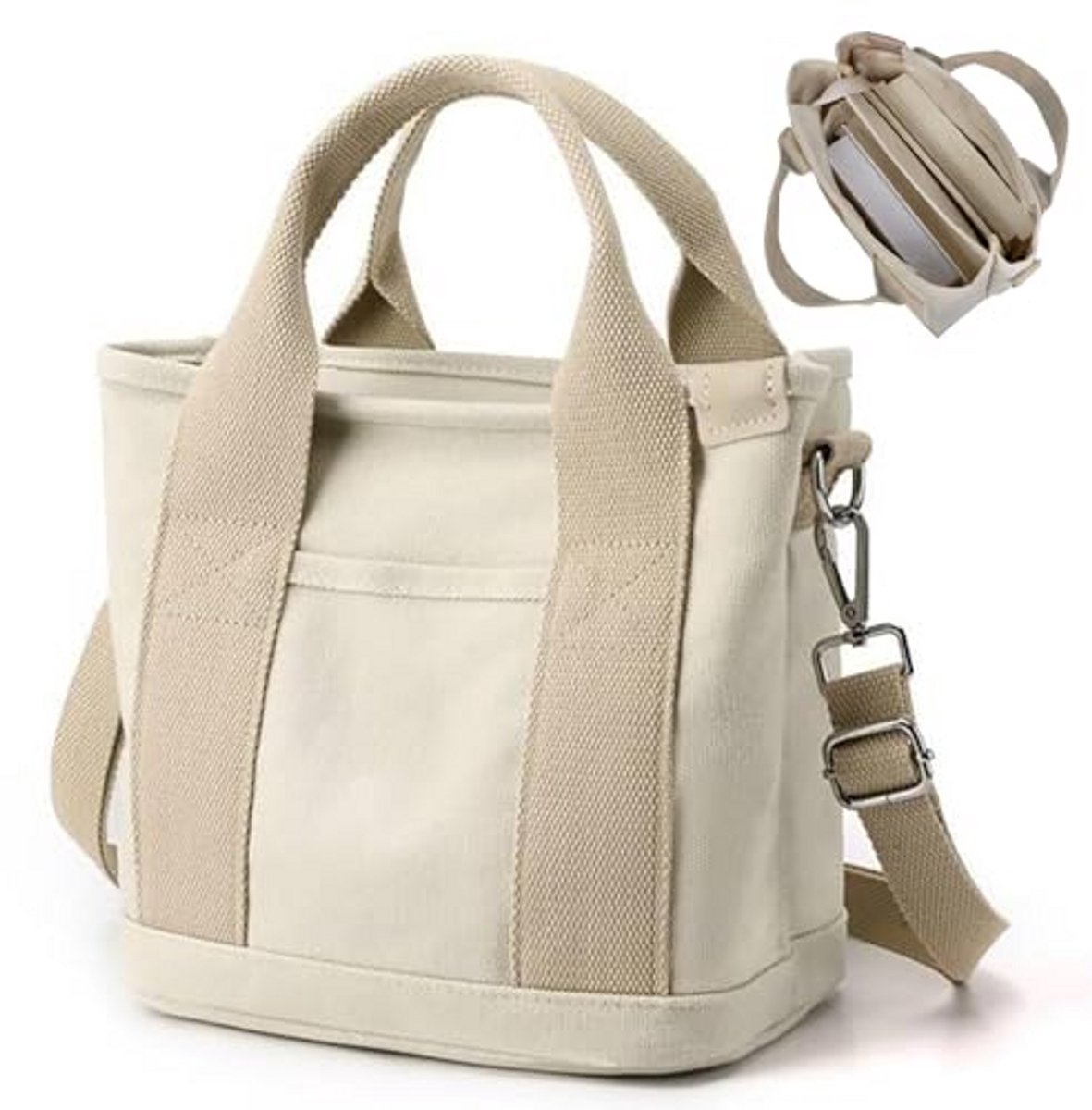 Dames Shopper Tas Canvas met 6 Vakken, Grote Schoudertas met Rits, Verstelbare Band voor Werk, School en Reizen