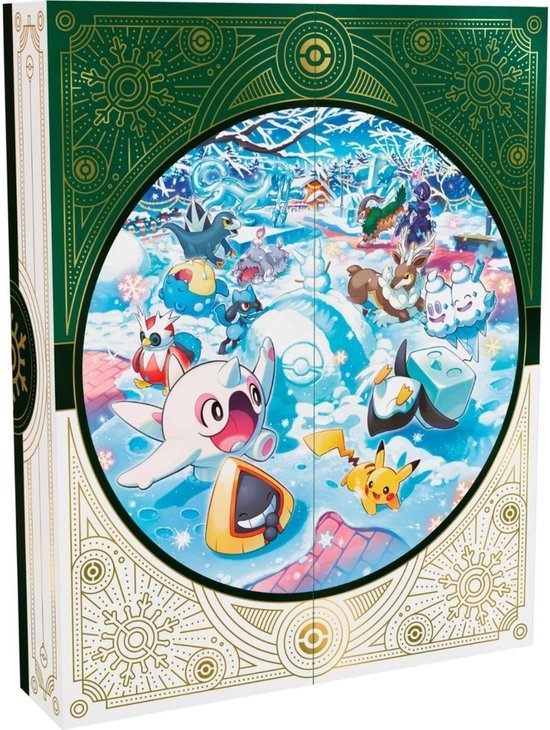 Kerstdoos met Pokémon-personages in een winterse scène, omrand door gouden patronen en sneeuwvlokken.