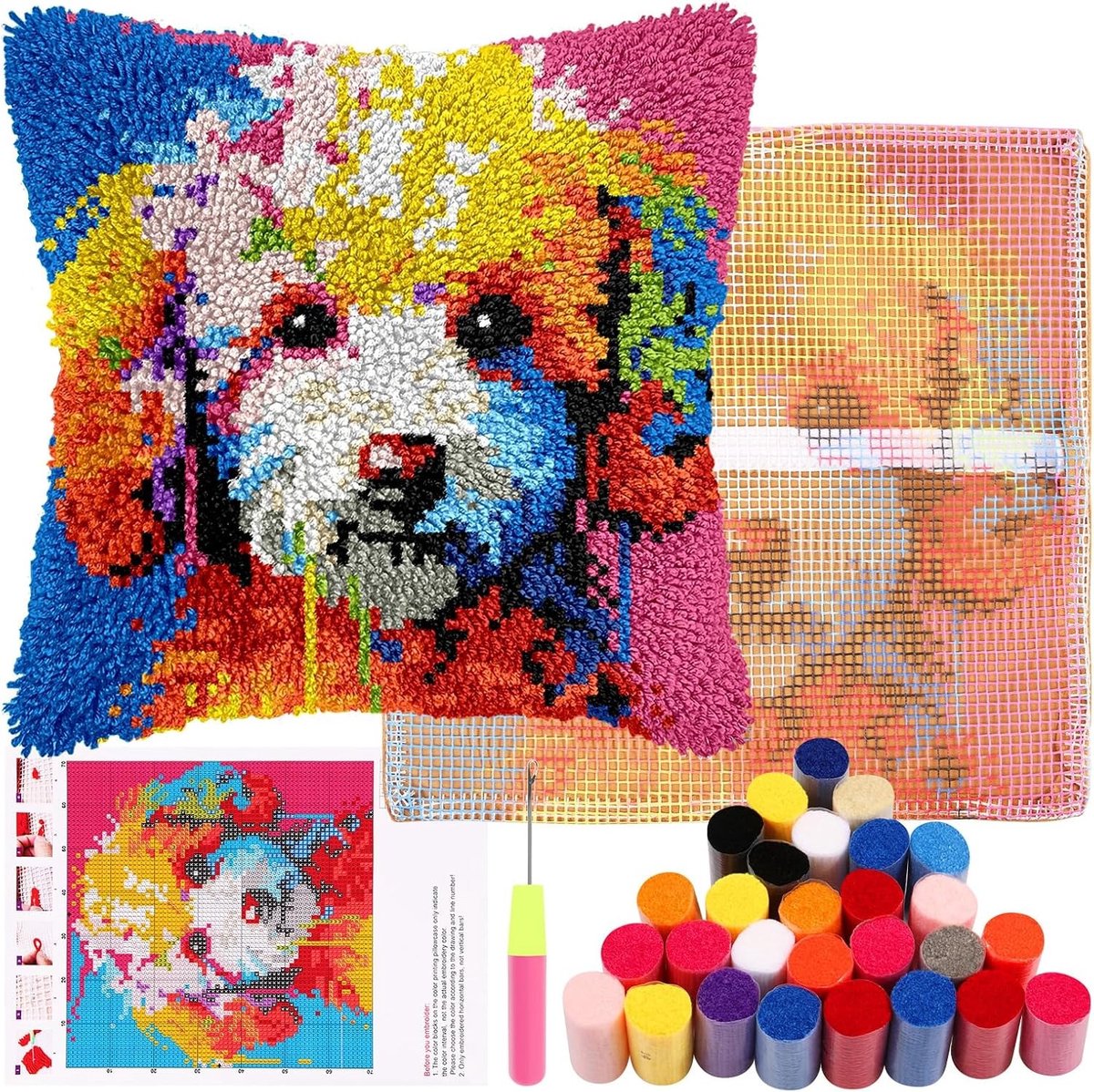DIY Latch Hook Kussen Set voor Kinderen en Beginners - Rivet Haak Kussen, Decoratieve Tapijt Borduurset voor Thuis en Bank, 43x43cm (Hond)