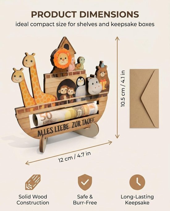 Houten doopgeschenken voor jongens en meisjes, duurzaam geldcadeau met doopkaart en envelop, perfect voor emotionele rituelen en blijvende herinneringen — afbeelding 4