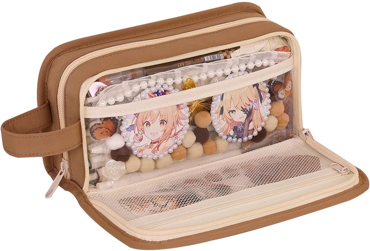Grote Pen Pouch - Effen Kleur - Koffie - Capaciteit 80 pennen