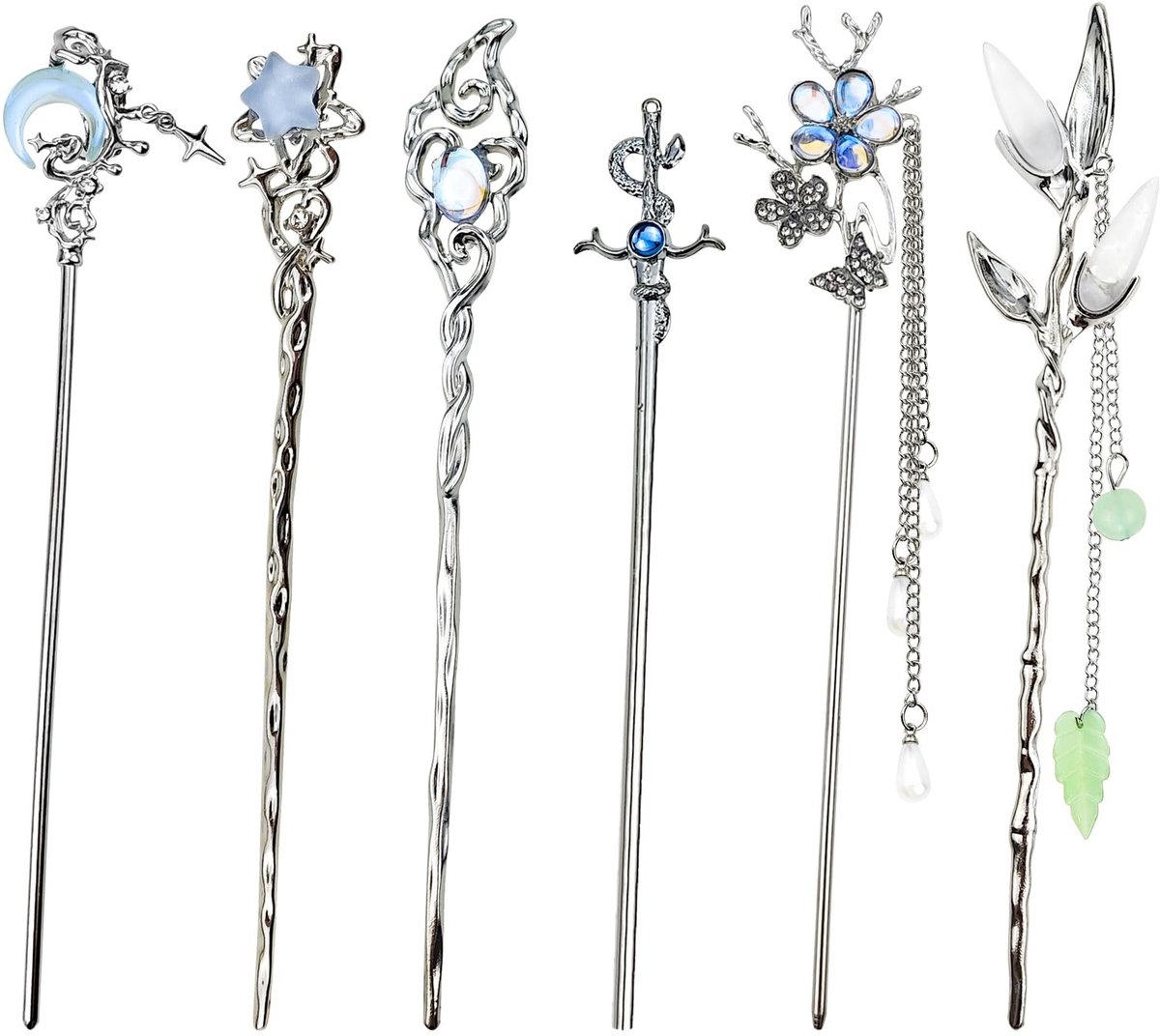 6 Stuks Ster en Maan Haar Stokken - Zilver
