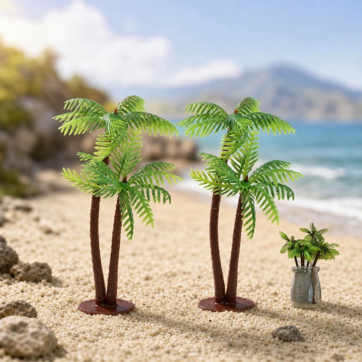Set van 3 Miniatuur Palmbomen - Groene Bladeren en Bruine Stam