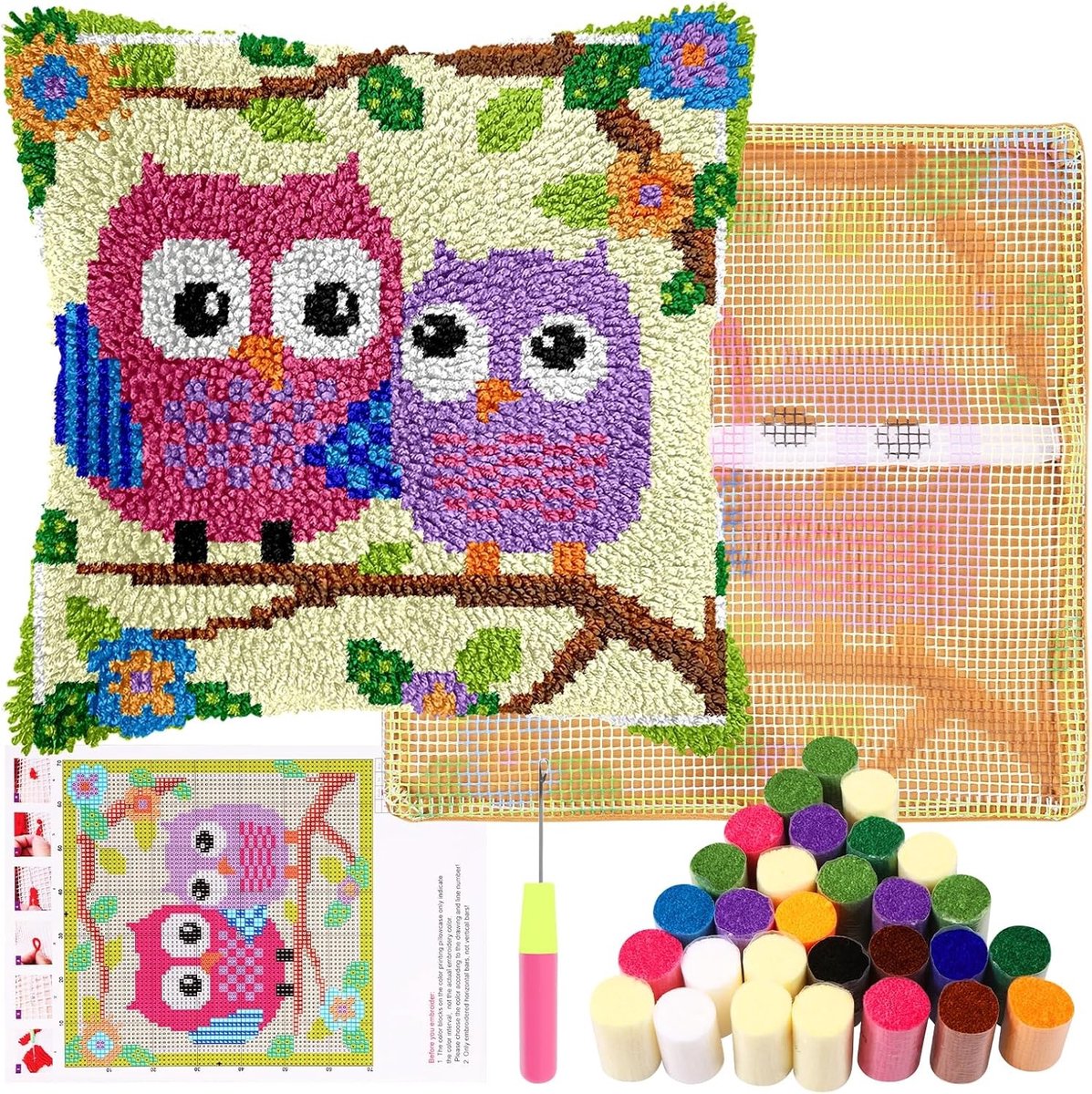 Cushion Set voor Kinderen en Beginners - DIY Latch Hook Kussen met Uil Motief voor Thuisdecoratie en Embroidery Projecten 43x43cm