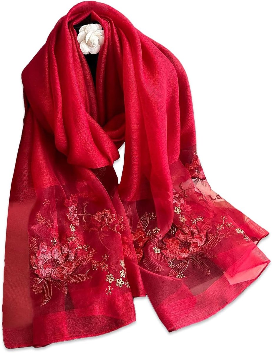 Zijdeachtige sjaal met delicate rozenborduursels, transparant tulle, licht en zacht, ideaal voor zonbescherming in de lente en herfst, bordeauxrood