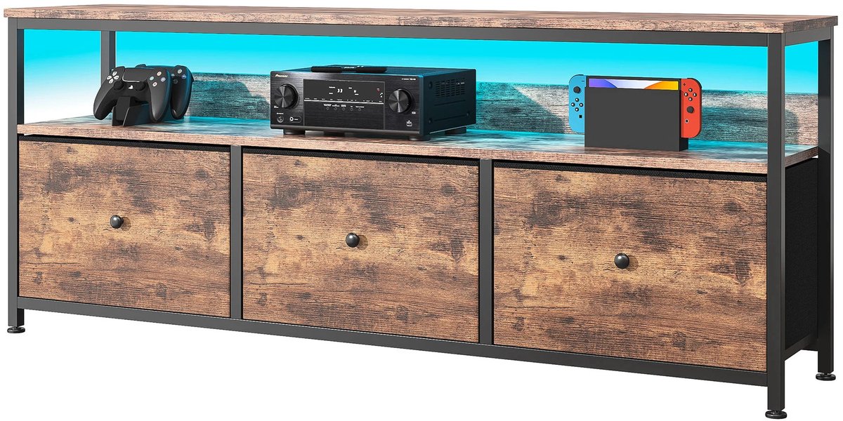 Gudalio TV Meubel - TV Kast - Dressoir - LED met appbediening - 4 Stoffen Lades - 29,8x137x57cm - Hout - Rustiek - Bruin