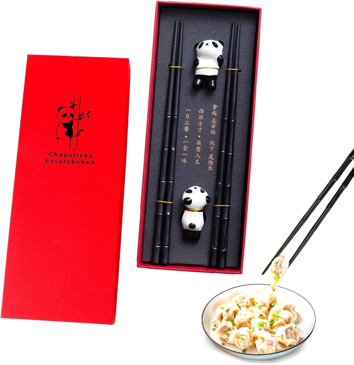 2 Paar Herbruikbare Eetstokjes, Antislip Sushi Sticks, Vaatwasserbestendige Eetstokjes met 2 Panda Ceramische Houder